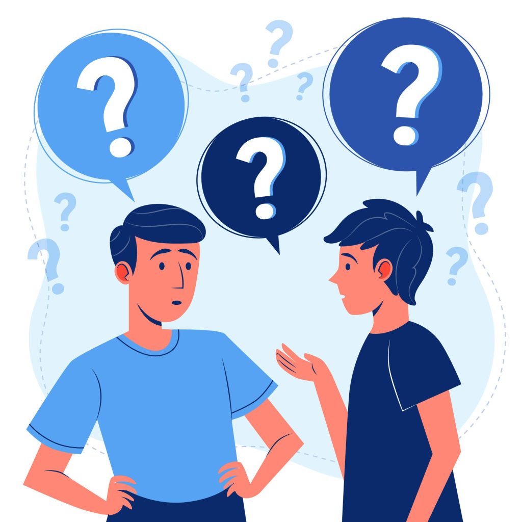 FAQ Two men discussion about doubts and also abut technology of digital agency