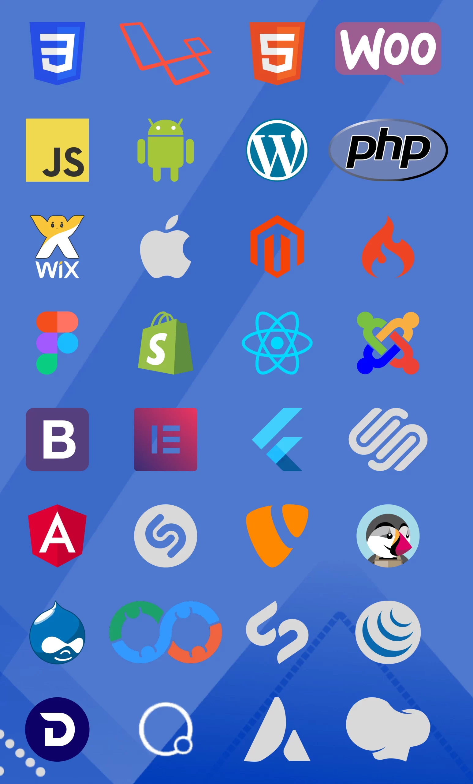 programming languages, CMS, themes, plugins, website builders, or platforms for creating mobile applications. The keywords "HTML logos," "CSS logos," "Python logos," "WordPress logos," "Elementor logos," or "React Native logos," for instance, can be used.